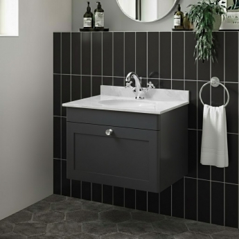 Nuie Classique Wall Hung 1-Drawer Vanity Unit with 1TH Grey Marble Top Basin 600mm Wide - Satin Anthracite