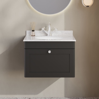 Nuie Classique Wall Hung 1-Drawer Vanity Unit with 1TH Grey Marble Top Basin 600mm Wide - Satin Anthracite | Product Image