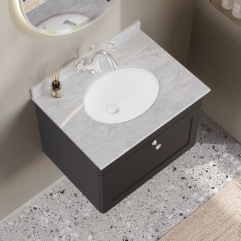 Nuie Classique Wall Hung 1-Drawer Vanity Unit with 1TH Grey Marble Top Basin 600mm Wide - Satin Anthracite | Product Image