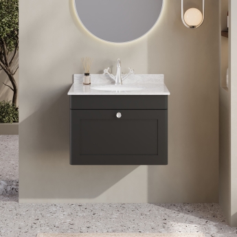 Nuie Classique Wall Hung 1-Drawer Vanity Unit with 1TH Grey Marble Top Basin 600mm Wide - Satin Anthracite | Product Image