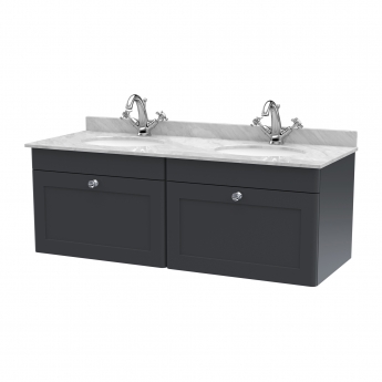 Nuie Classique Wall Hung 2-Drawer Vanity Unit with 1TH Grey Marble Top Basin 1200mm Wide - Satin Anthracite