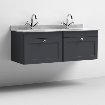Nuie Classique Wall Hung 2-Drawer Vanity Unit with 1TH Grey Round Marble Top Basin 1200mm Wide - Satin Anthracite