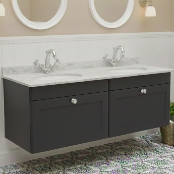 Nuie Classique Wall Hung 2-Drawer Vanity Unit with 1TH Grey Round Marble Top Basin 1200mm Wide - Satin Anthracite