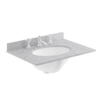 Nuie Classique Wall Hung 1-Drawer Vanity Unit with 3TH Grey Marble Top Basin 600mm Wide - Satin White
