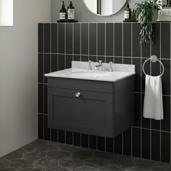 Nuie Classique Wall Hung 1-Drawer Vanity Unit with 3TH Grey Marble Top Basin 600mm Wide - Satin Anthracite