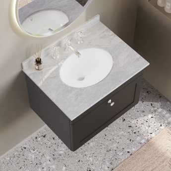 Nuie Classique Wall Hung 1-Drawer Vanity Unit with 3TH Grey Marble Top Basin 600mm Wide - Satin Anthracite | Product Image
