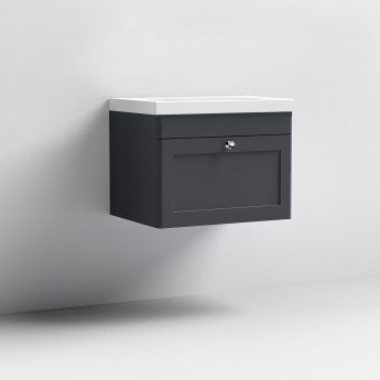 Nuie Classique Wall Hung 1-Drawer Vanity Unit with 0TH Contemporary Basin 600mm Wide - Satin Anthracite | Product Image