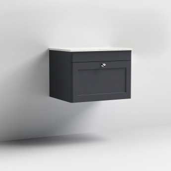 Nuie Classique Wall Hung 1-Drawer Vanity Unit with White Marble Worktop 600mm Wide - Satin Anthracite | Product Image