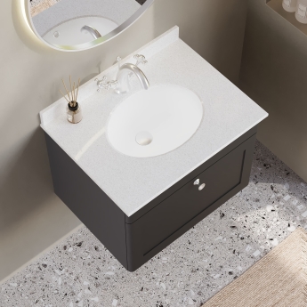 Nuie Classique Wall Hung 1-Drawer Vanity Unit with 1TH White Round Marble Top Basin 600mm Wide - Satin Anthracite | Product Image