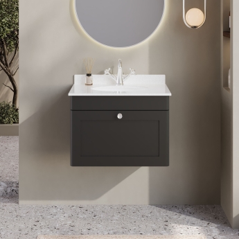 Nuie Classique Wall Hung 1-Drawer Vanity Unit with 1TH White Round Marble Top Basin 600mm Wide - Satin Anthracite | Product Image
