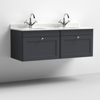 Nuie Classique Soft Black 1200mm Wall Hung Vanity Unit with White Marble Top Basin