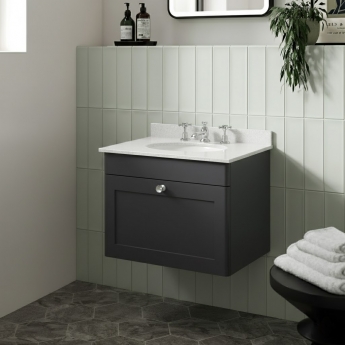 Nuie Classique Wall Hung 1-Drawer Vanity Unit with 3TH White Round Marble Top Basin 600mm Wide - Satin Anthracite