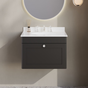 Nuie Classique Wall Hung 1-Drawer Vanity Unit with 3TH White Round Marble Top Basin 600mm Wide - Satin Anthracite | Product Image