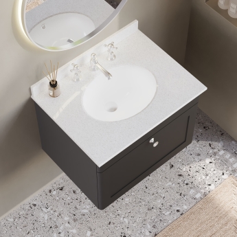Nuie Classique Wall Hung 1-Drawer Vanity Unit with 3TH White Round Marble Top Basin 600mm Wide - Satin Anthracite | Product Image