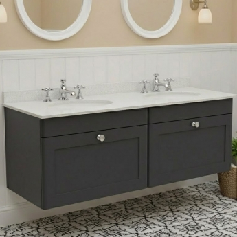Nuie Classique Wall Hung 2-Drawer Vanity Unit with 3TH White Round Marble Top Basin 1200mm Wide - Satin Anthracite