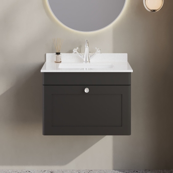 Nuie Classique Wall Hung 1-Drawer Vanity Unit with 1TH White Square Marble Top Basin 600mm Wide - Satin Anthracite | Product Image