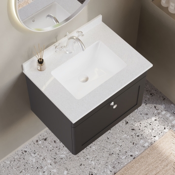 Nuie Classique Wall Hung 1-Drawer Vanity Unit with 1TH White Square Marble Top Basin 600mm Wide - Satin Anthracite | Product Image
