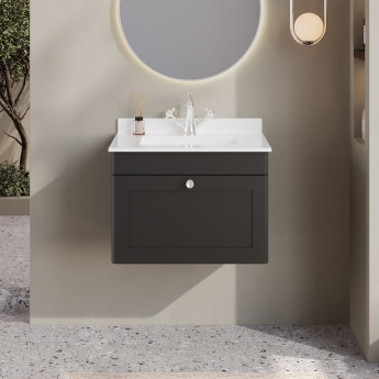 Nuie Classique Wall Hung 1-Drawer Vanity Unit with 1TH White Square Marble Top Basin 600mm Wide - Satin Anthracite | Product Image