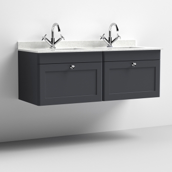 Nuie Classique Wall Hung 2-Drawer Vanity Unit with 1TH White Square Marble Top Basin 1200mm Wide - Satin Anthracite