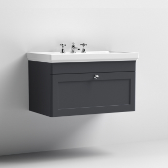 Nuie Classique Wall Hung 1-Drawer Vanity Unit with Basin 800mm Wide Satin Anthracite - 3 Tap Hole