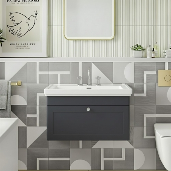 Nuie Classique Wall Hung 1-Drawer Vanity Unit with Basin 800mm Wide Satin Anthracite - 3 Tap Hole