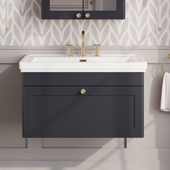 Nuie Classique Wall Hung 1-Drawer Vanity Unit with Basin 800mm Wide Satin Anthracite - 3 Tap Hole | Product Image