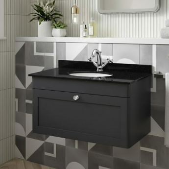 Nuie Classique Wall Hung 1-Drawer Vanity Unit with 1TH Black Marble Top Basin 800mm Wide - Satin Anthracite