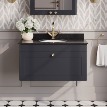 Nuie Classique Wall Hung 1-Drawer Vanity Unit with 1TH Black Marble Top Basin 800mm Wide - Satin Anthracite | Product Image