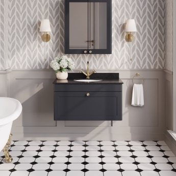 Nuie Classique Wall Hung 1-Drawer Vanity Unit with 1TH Black Marble Top Basin 800mm Wide - Satin Anthracite | Product Image