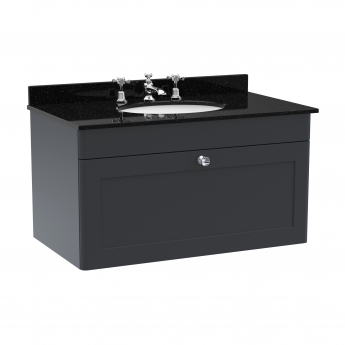 Nuie Classique Wall Hung 1-Drawer Vanity Unit with 3TH Black Marble Top Basin 800mm Wide - Satin Anthracite