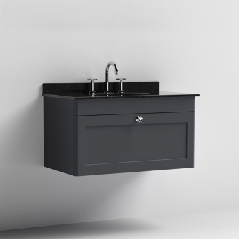 Nuie Classique Wall Hung 1-Drawer Vanity Unit with 3TH Black Marble Top Basin 800mm Wide - Satin Anthracite