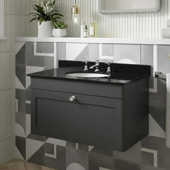 Nuie Classique Wall Hung 1-Drawer Vanity Unit with 3TH Black Marble Top Basin 800mm Wide - Satin Anthracite