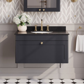 Nuie Classique Wall Hung 1-Drawer Vanity Unit with 3TH Black Marble Top Basin 800mm Wide - Satin Anthracite | Product Image