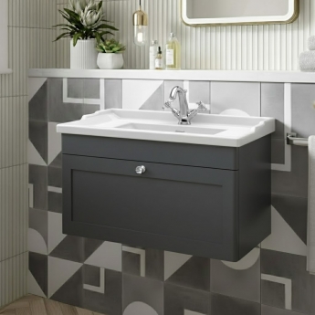 Nuie Classique Wall Hung 1-Drawer Vanity Unit with Traditional Basin 800mm Wide Satin Anthracite - 1 Tap Hole
