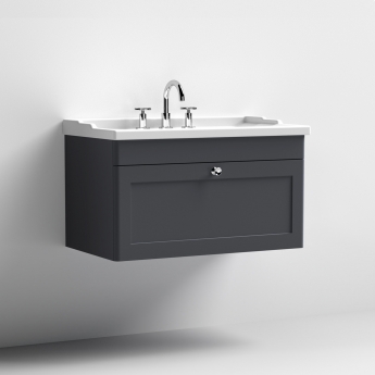 Nuie Classique Wall Hung 1-Drawer Vanity Unit with Traditional Basin 800mm Wide Satin Anthracite - 3 Tap Hole