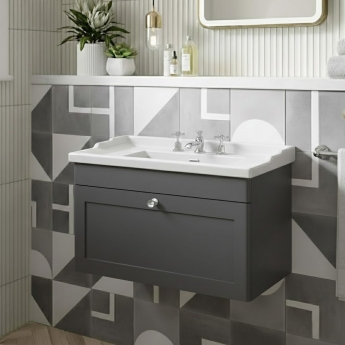 Nuie Classique Wall Hung 1-Drawer Vanity Unit with Traditional Basin 800mm Wide Satin Anthracite - 3 Tap Hole