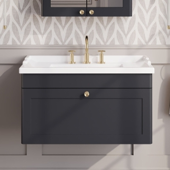Nuie Classique Wall Hung 1-Drawer Vanity Unit with Traditional Basin 800mm Wide Satin Anthracite - 3 Tap Hole | Product Image