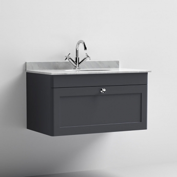 Nuie Classique Wall Hung 1-Drawer Vanity Unit with 1TH Grey Marble Top Basin 800mm Wide - Satin Anthracite