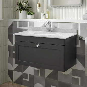 Nuie Classique Wall Hung 1-Drawer Vanity Unit with 1TH Grey Marble Top Basin 800mm Wide - Satin Anthracite