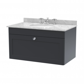 Nuie Classique Wall Hung 1-Drawer Vanity Unit with 3TH Grey Marble Top Basin 800mm Wide - Satin Anthracite