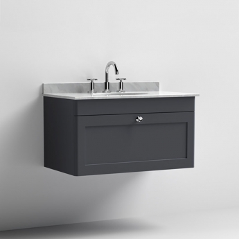 Nuie Classique Wall Hung 1-Drawer Vanity Unit with 3TH Grey Marble Top Basin 800mm Wide - Satin Anthracite