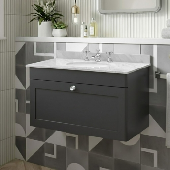 Nuie Classique Wall Hung 1-Drawer Vanity Unit with 3TH Grey Marble Top Basin 800mm Wide - Satin Anthracite