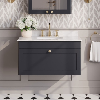 Nuie Classique Wall Hung 1-Drawer Vanity Unit with 3TH Grey Marble Top Basin 800mm Wide - Satin Anthracite | Product Image