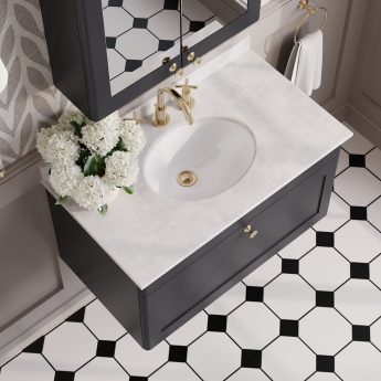 Nuie Classique Wall Hung 1-Drawer Vanity Unit with 3TH Grey Marble Top Basin 800mm Wide - Satin Anthracite | Product Image