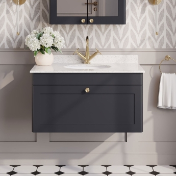 Nuie Classique Wall Hung 1-Drawer Vanity Unit with 1TH White Round Marble Top Basin 800mm Wide - Satin Anthracite | Product Image