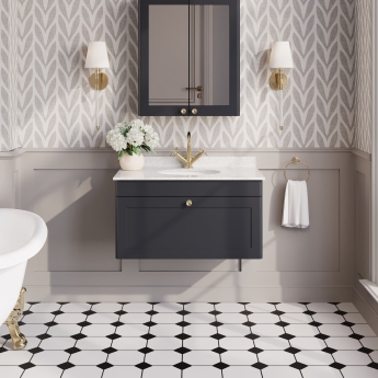 Nuie Classique Wall Hung 1-Drawer Vanity Unit with 1TH White Round Marble Top Basin 800mm Wide - Satin Anthracite | Product Image