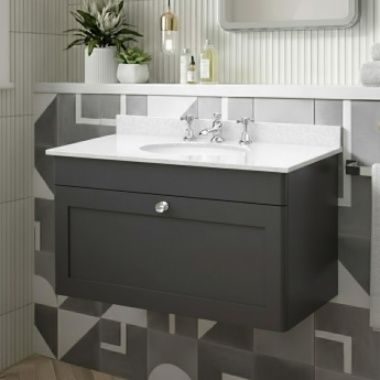 Nuie Classique Wall Hung 1-Drawer Vanity Unit with 3TH White Round Marble Top Basin 800mm Wide - Satin Anthracite