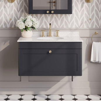 Nuie Classique Wall Hung 1-Drawer Vanity Unit with 3TH White Round Marble Top Basin 800mm Wide - Satin Anthracite | Product Image
