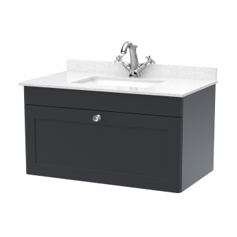 Nuie Classique Wall Hung 1-Drawer Vanity Unit with 1TH White Square Marble Top Basin 800mm Wide - Satin Anthracite