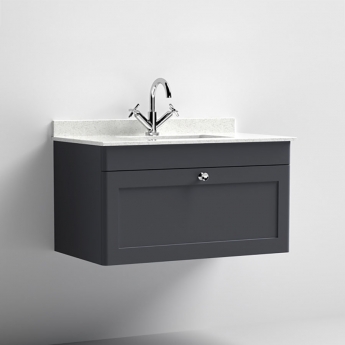 Nuie Classique Wall Hung 1-Drawer Vanity Unit with 1TH White Square Marble Top Basin 800mm Wide - Satin Anthracite